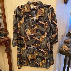 TOMMY BAHAMA 100% Silk Cigar Women Print Short Sleeve Top Size Large